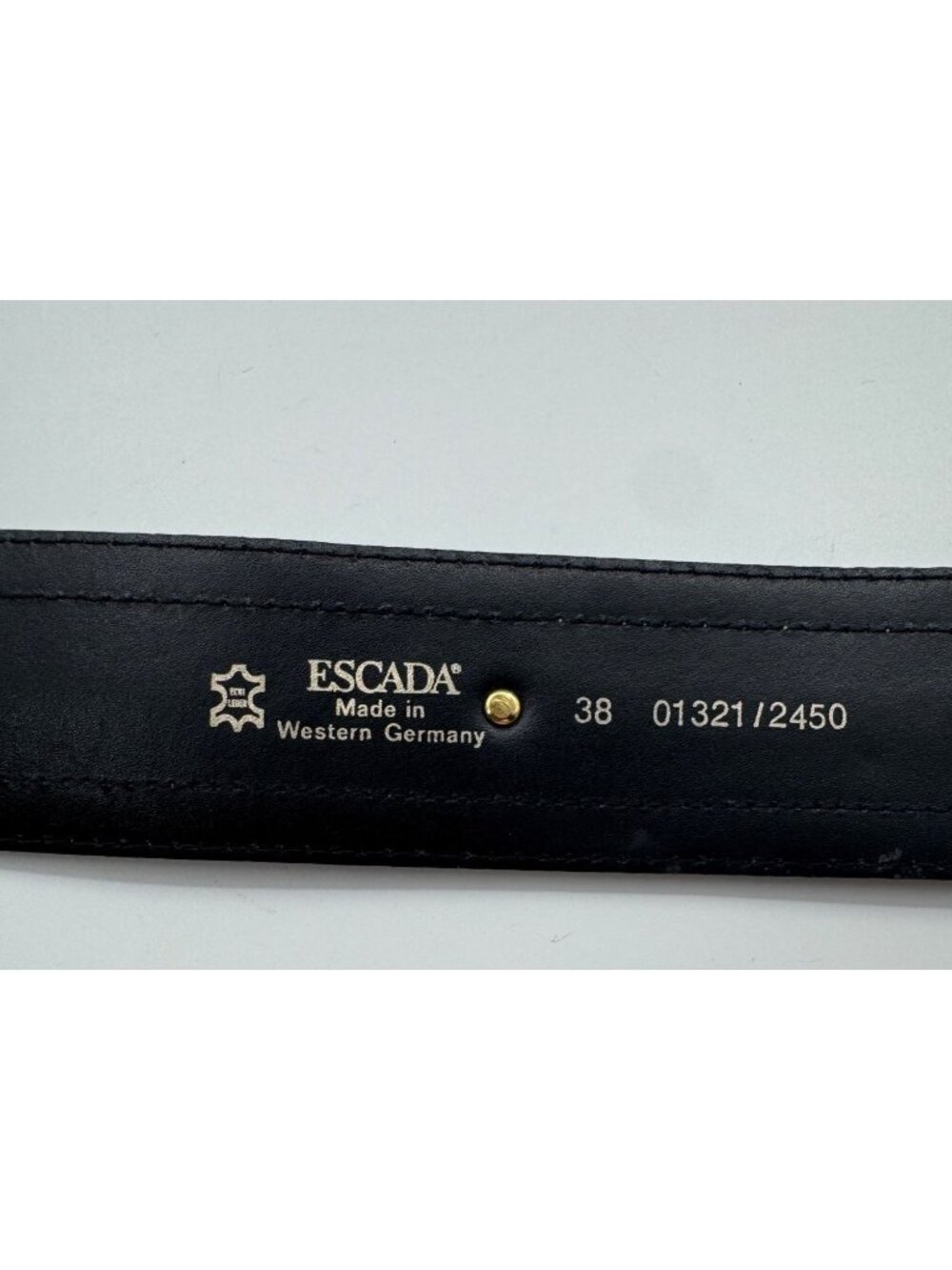 Vintage Escada Belt West Germany Navy/Green Gold Medallion Leather Belt EU 38 /S - Picture 7 of 12